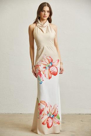 Flower satin print dress