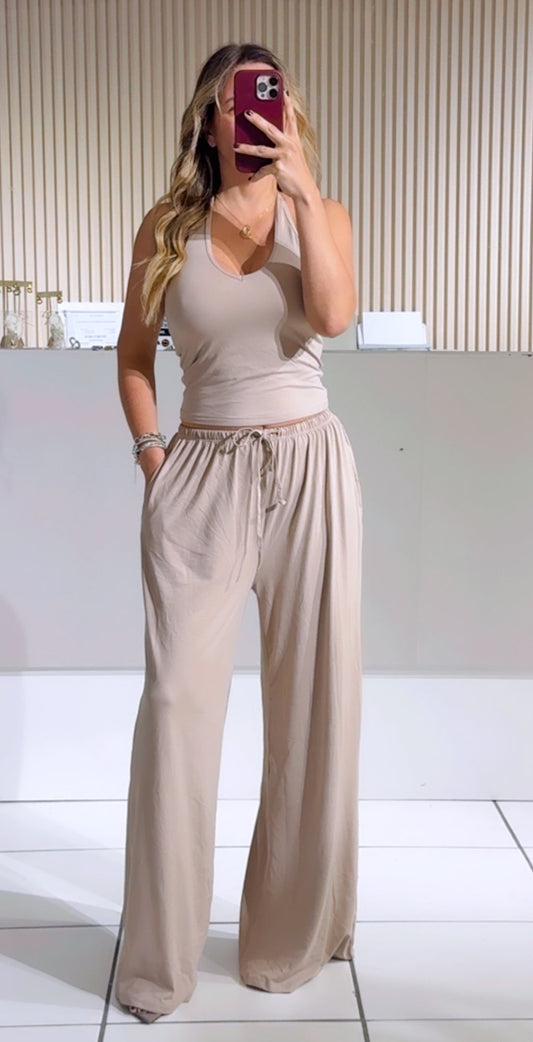 MOCHA 2pc Crop Tank W/bra & Wide-leg Pants Lounge Set