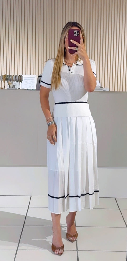 Knit Sleeveless Midi Dress Pleated Woven Skirt