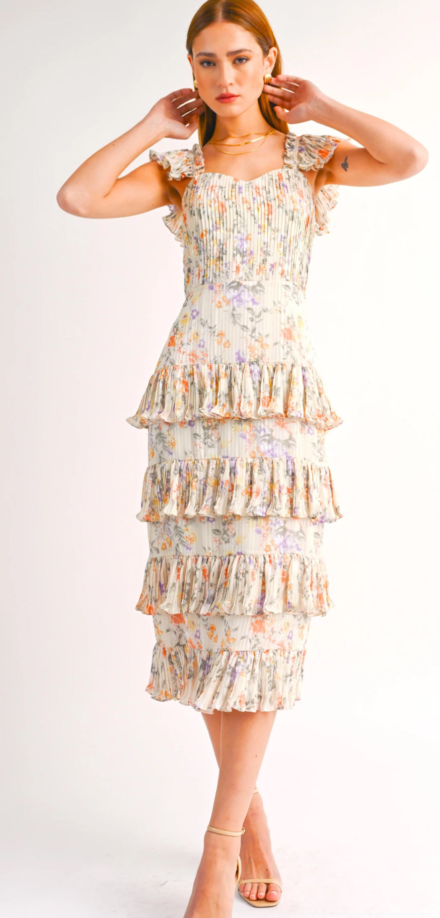 Floral print ruffle midi dress