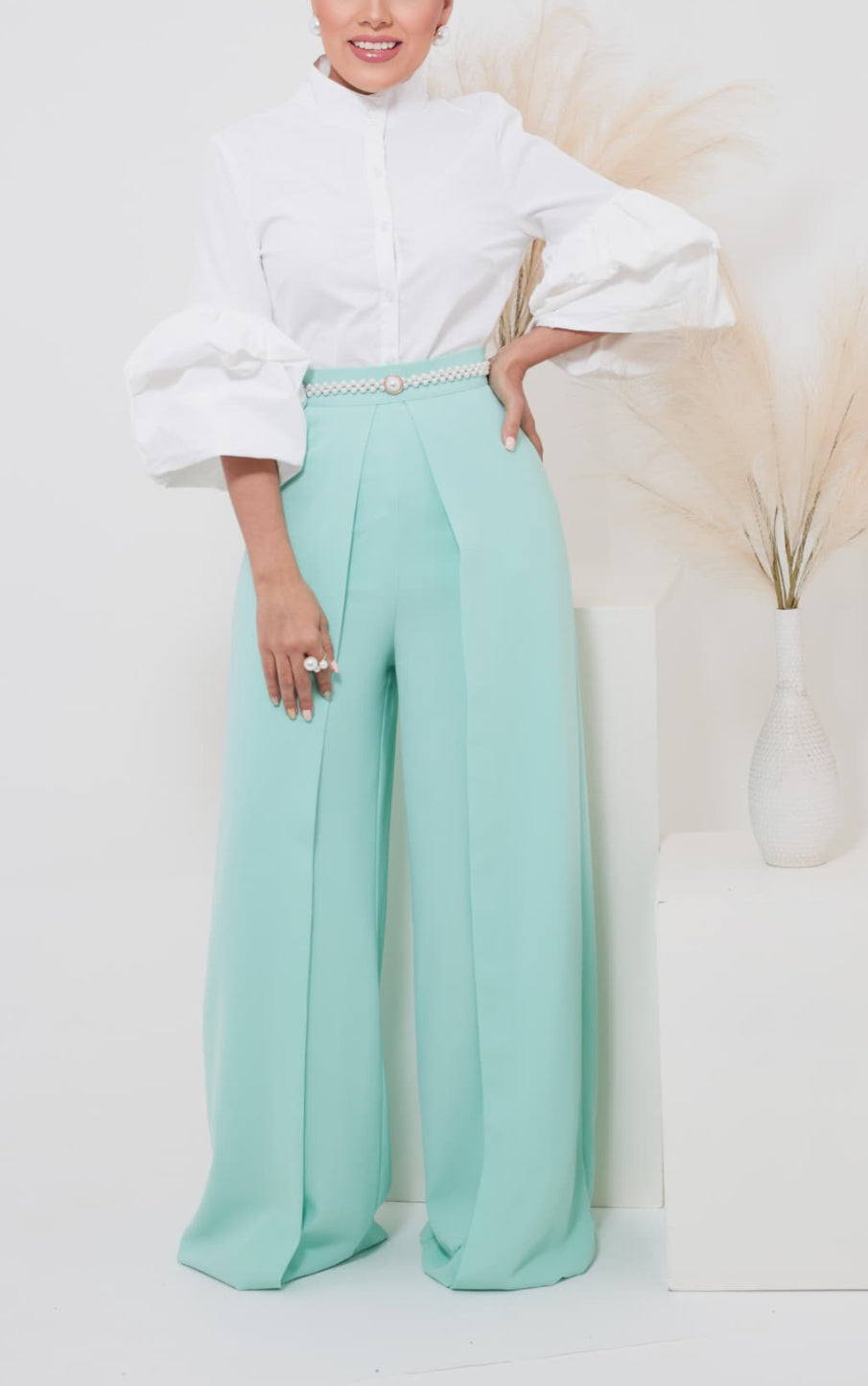 Solid pleated front wide pants