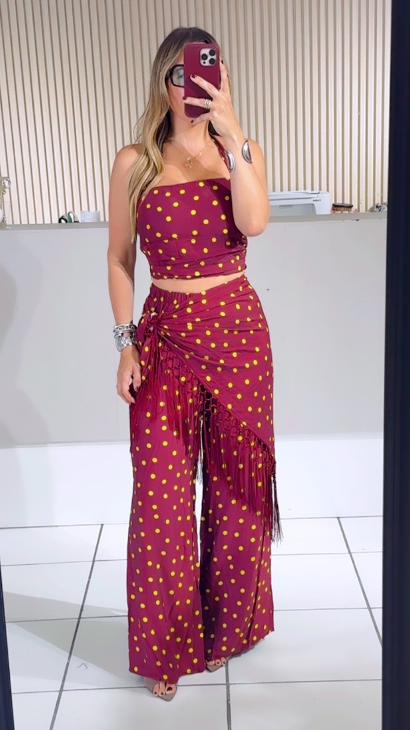 WINE Polka Dot Halter Top And Fringe Pants Se