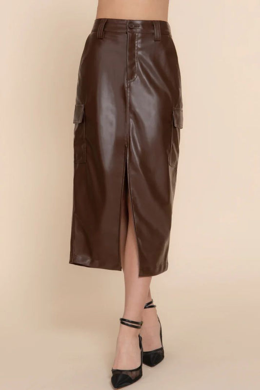 Rich Brown Leather midi Skirt