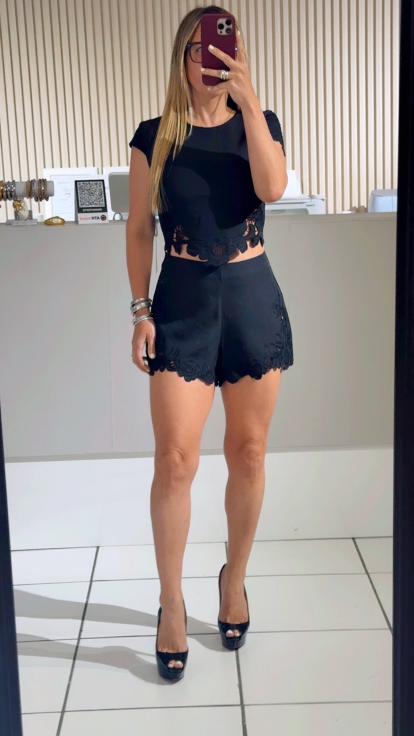 BLACK Flower Lace Patch Detail Short Sleeve Top With Shorts Set