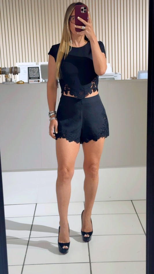 BLACK Flower Lace Patch Detail Short Sleeve Top With Shorts Set