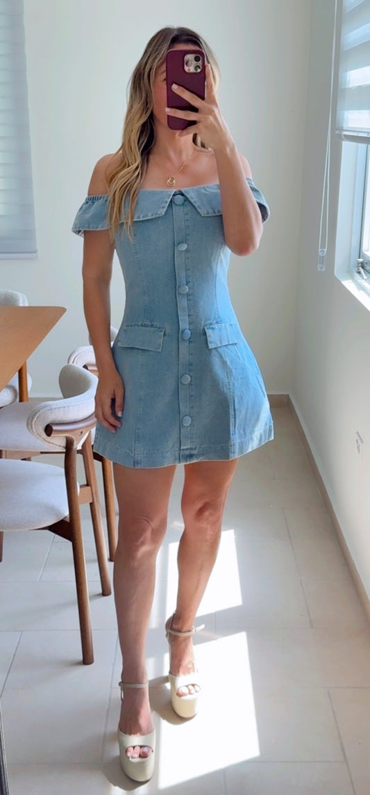 Strapless Off Shoulder Fold Over Denim Mini Dress