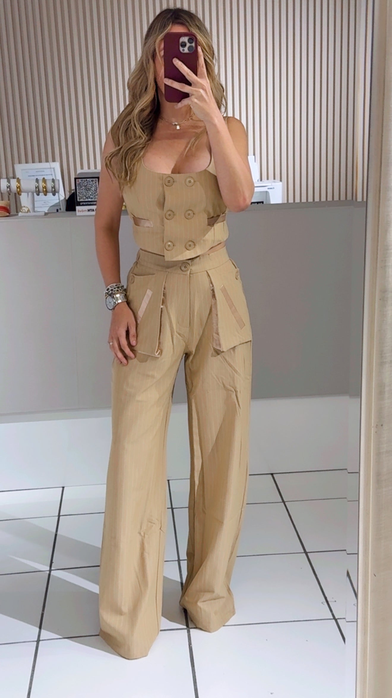 Satin-Trim Pinstripe Taupe Set
