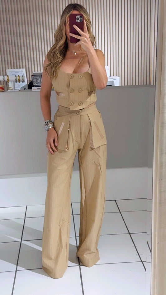 Satin-Trim Pinstripe Taupe Set