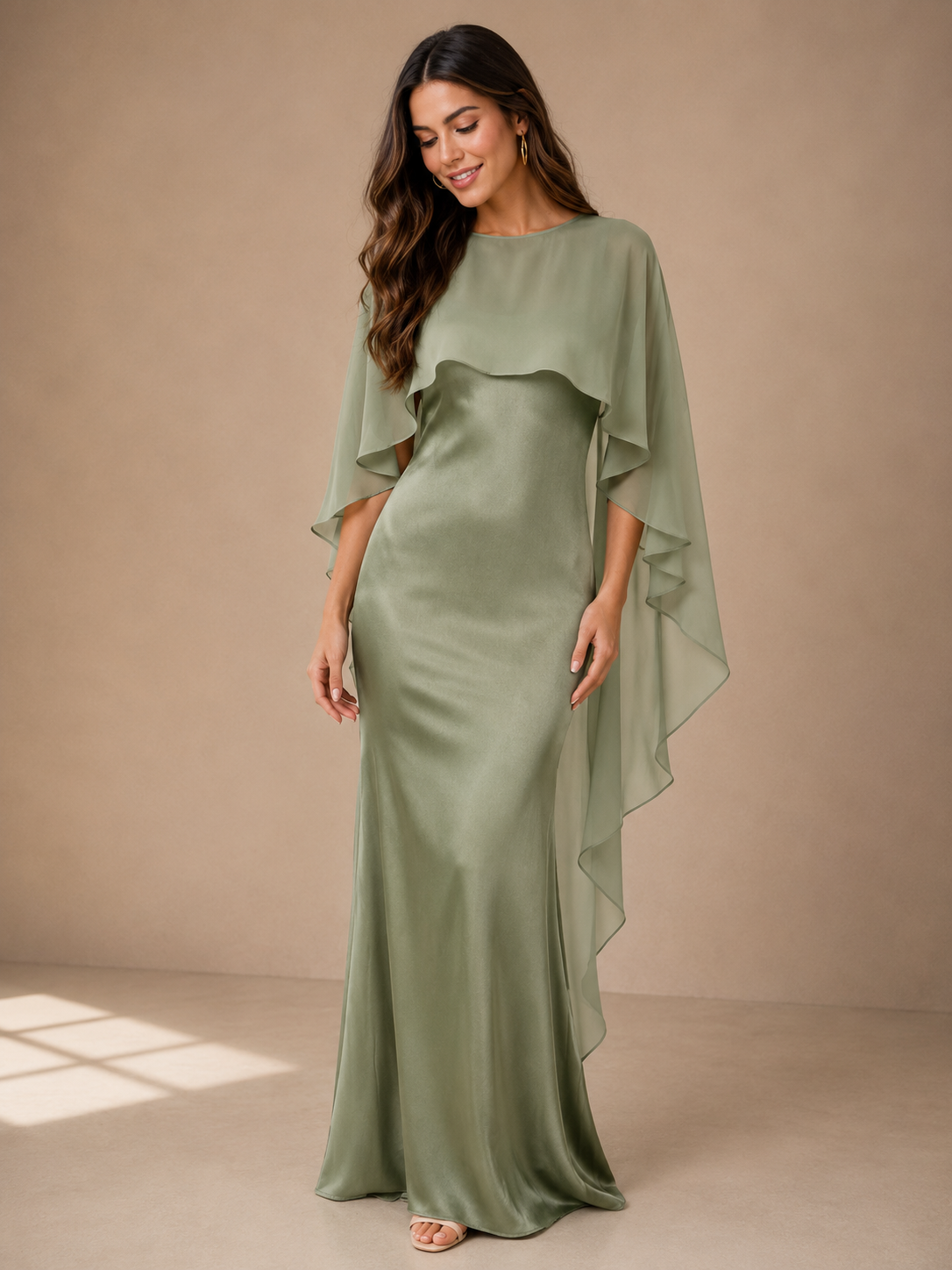 MINT Maxi Dress With Chiffon Cape Shawl