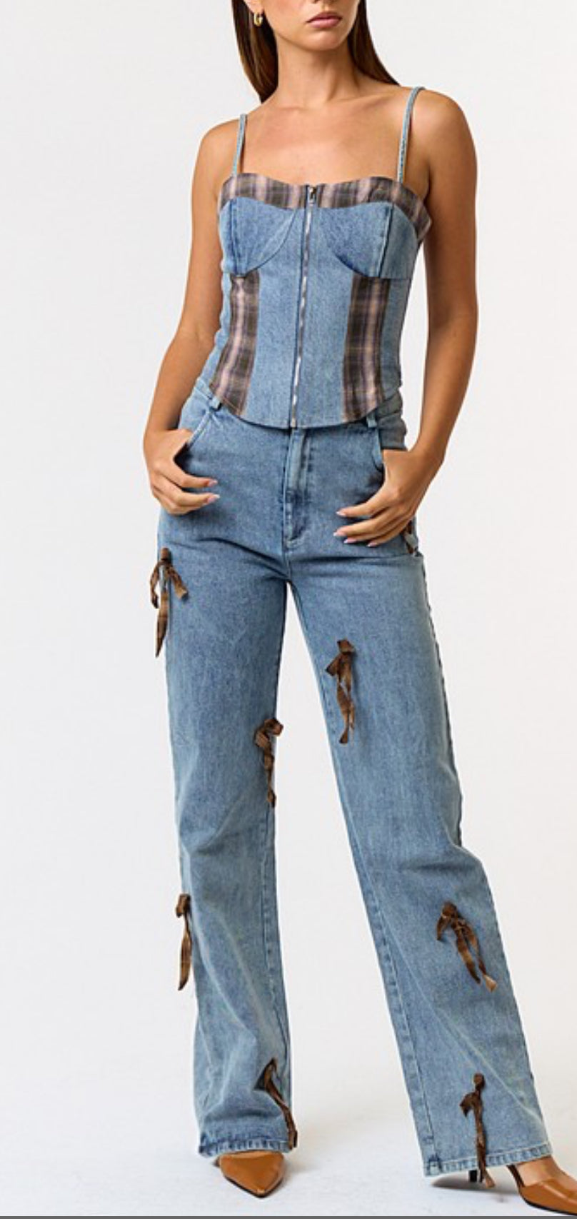 Brown bow denim
