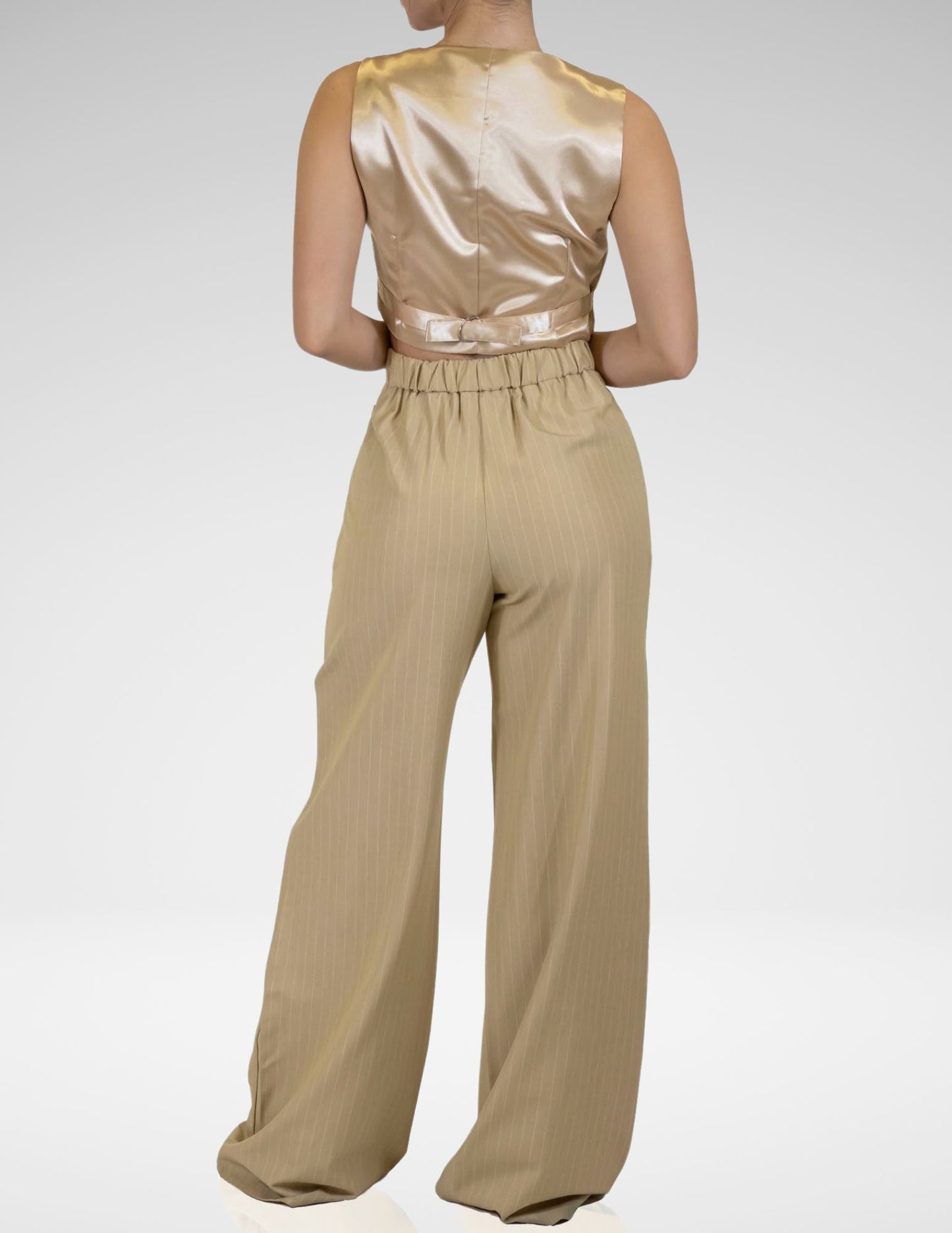 Satin-Trim Pinstripe Taupe Set