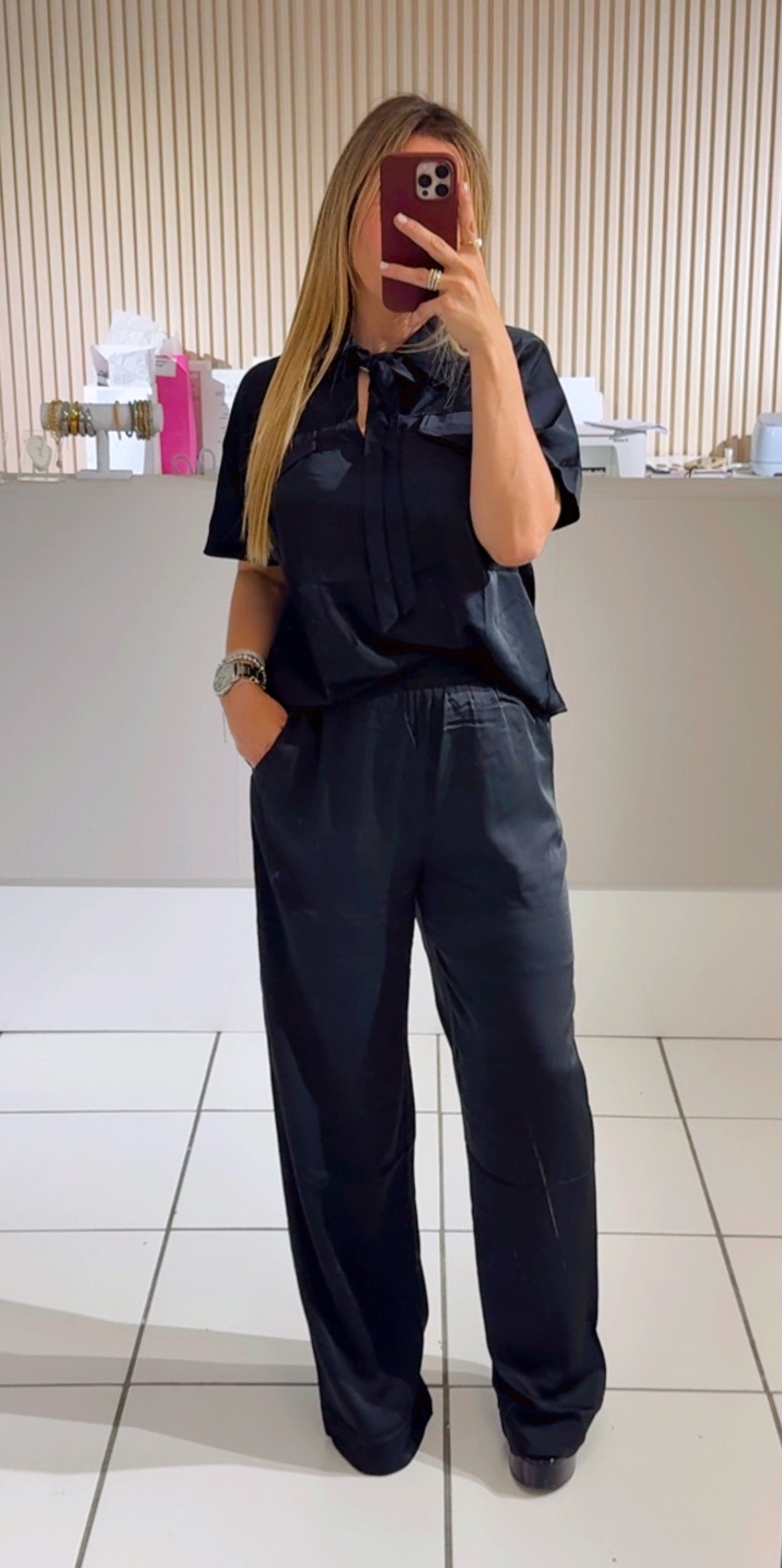 BLACK Woven Short Sleeve Dolman Top And Pants Set