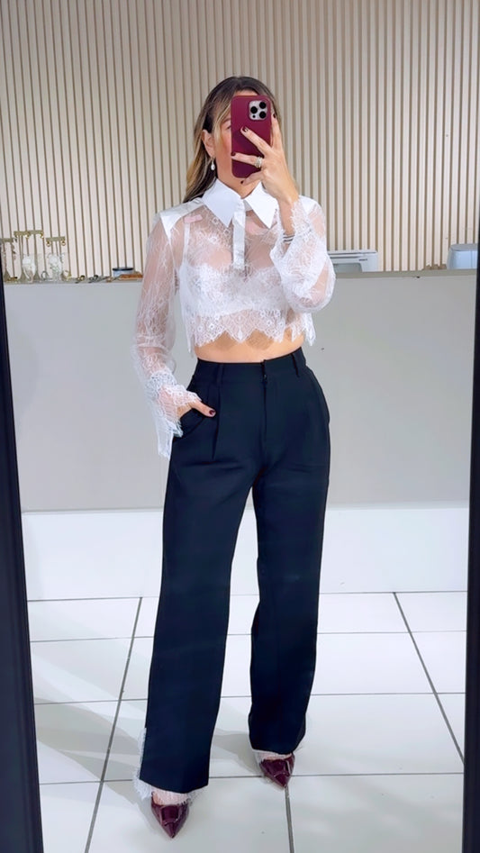 Lace Bodice Cropped Collar Shirt