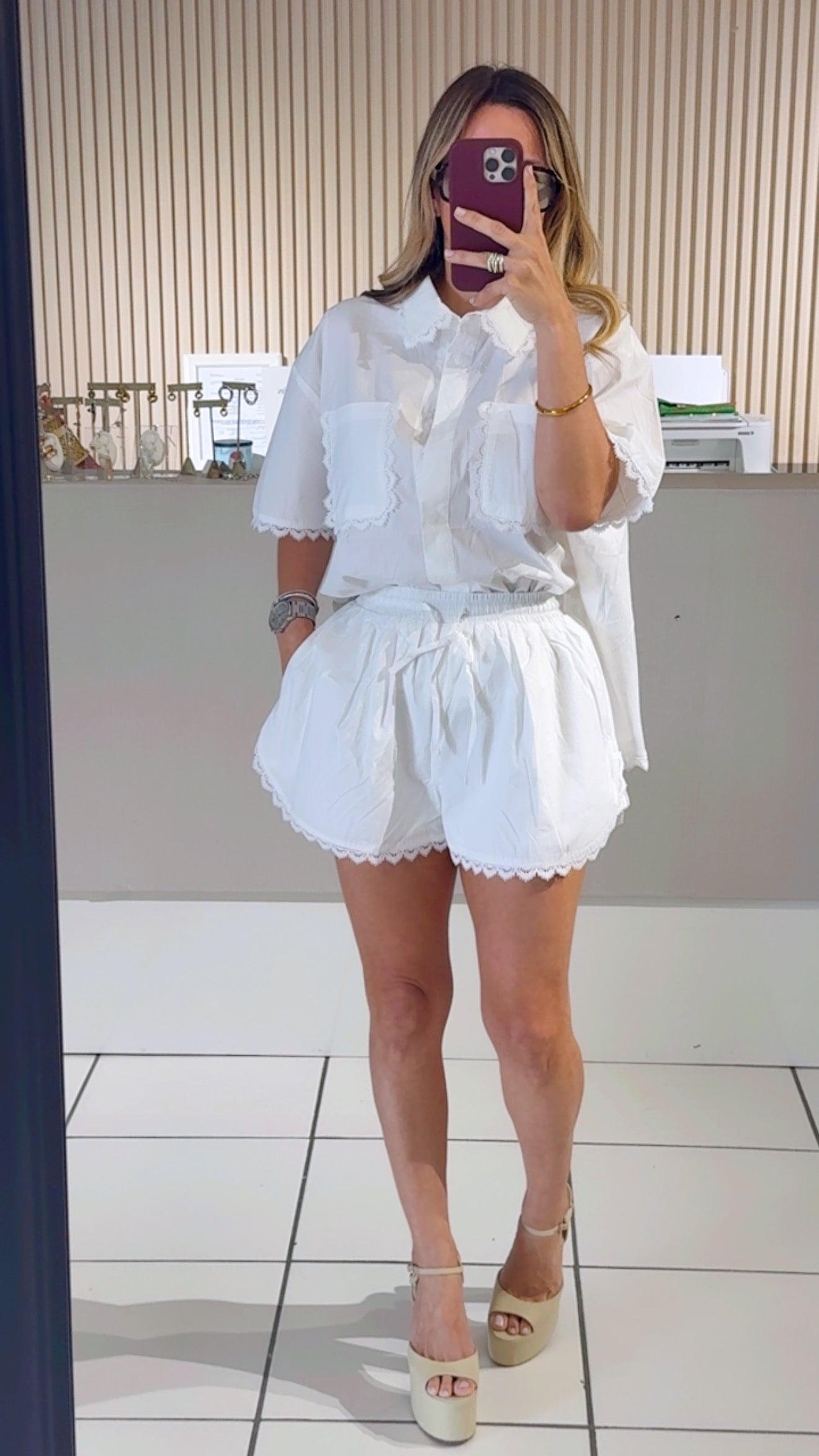 Solid Scallop Lace Trim Button Down Shirts And Shorts Set