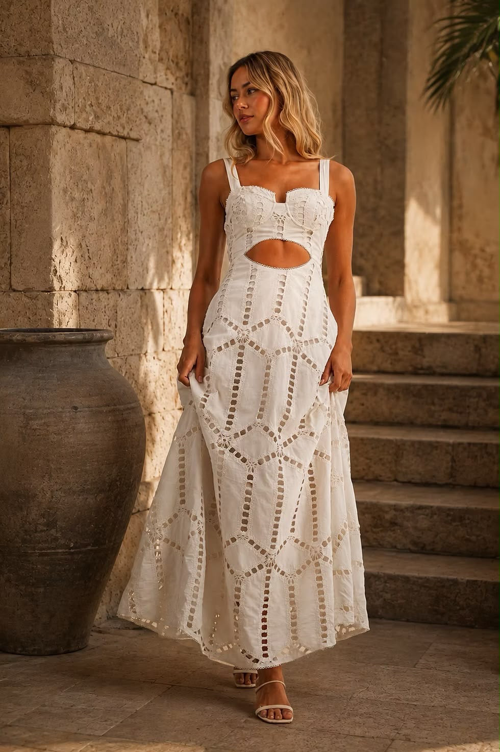 WHITE EMBROIDERED CUTWORK BUSTIER MIDI DRESS