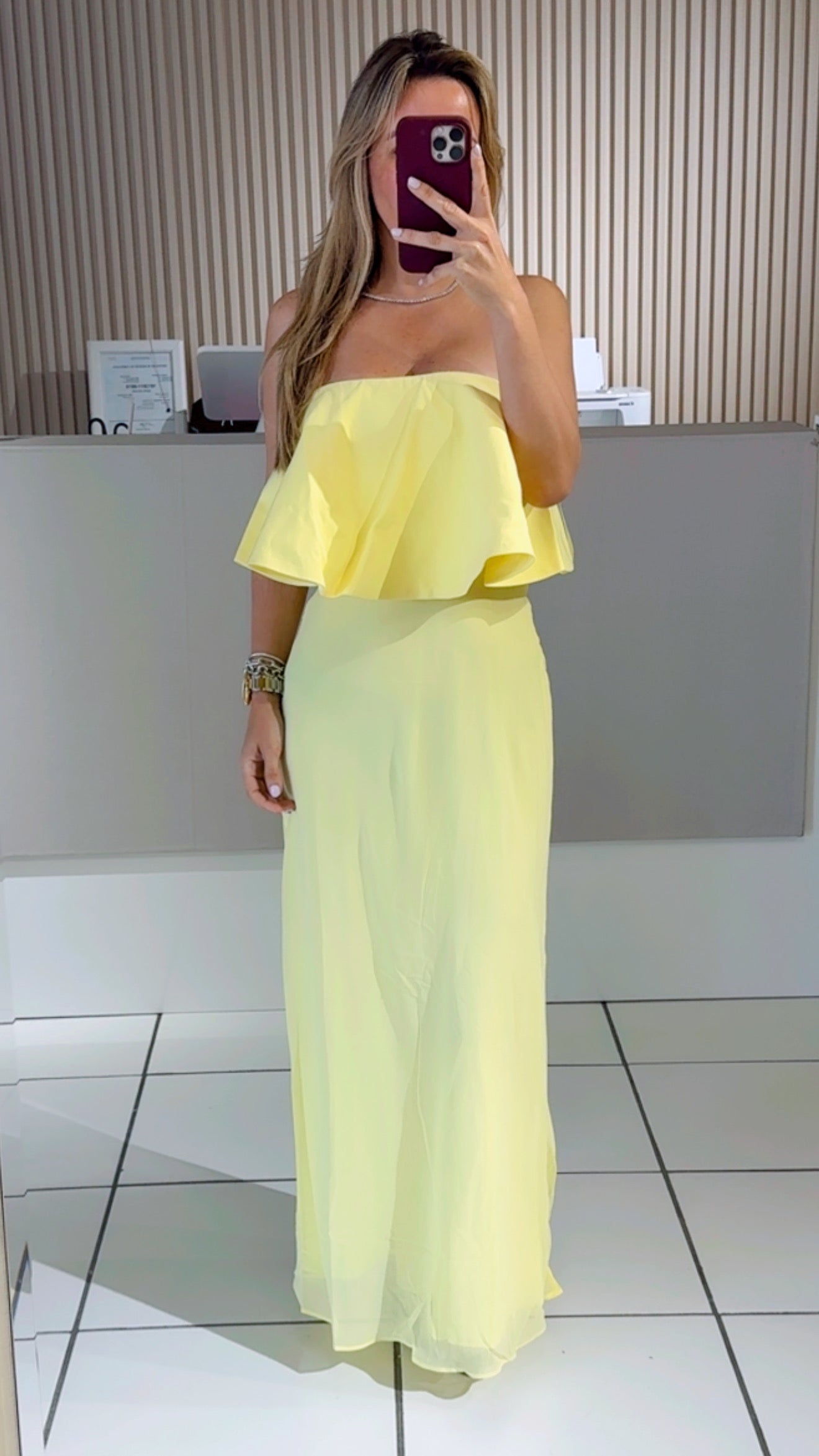Soft Yellow Ruffled Bardot Dress