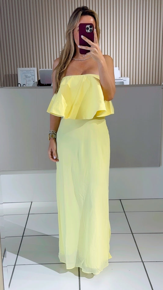 Soft Yellow Ruffled Bardot Dress