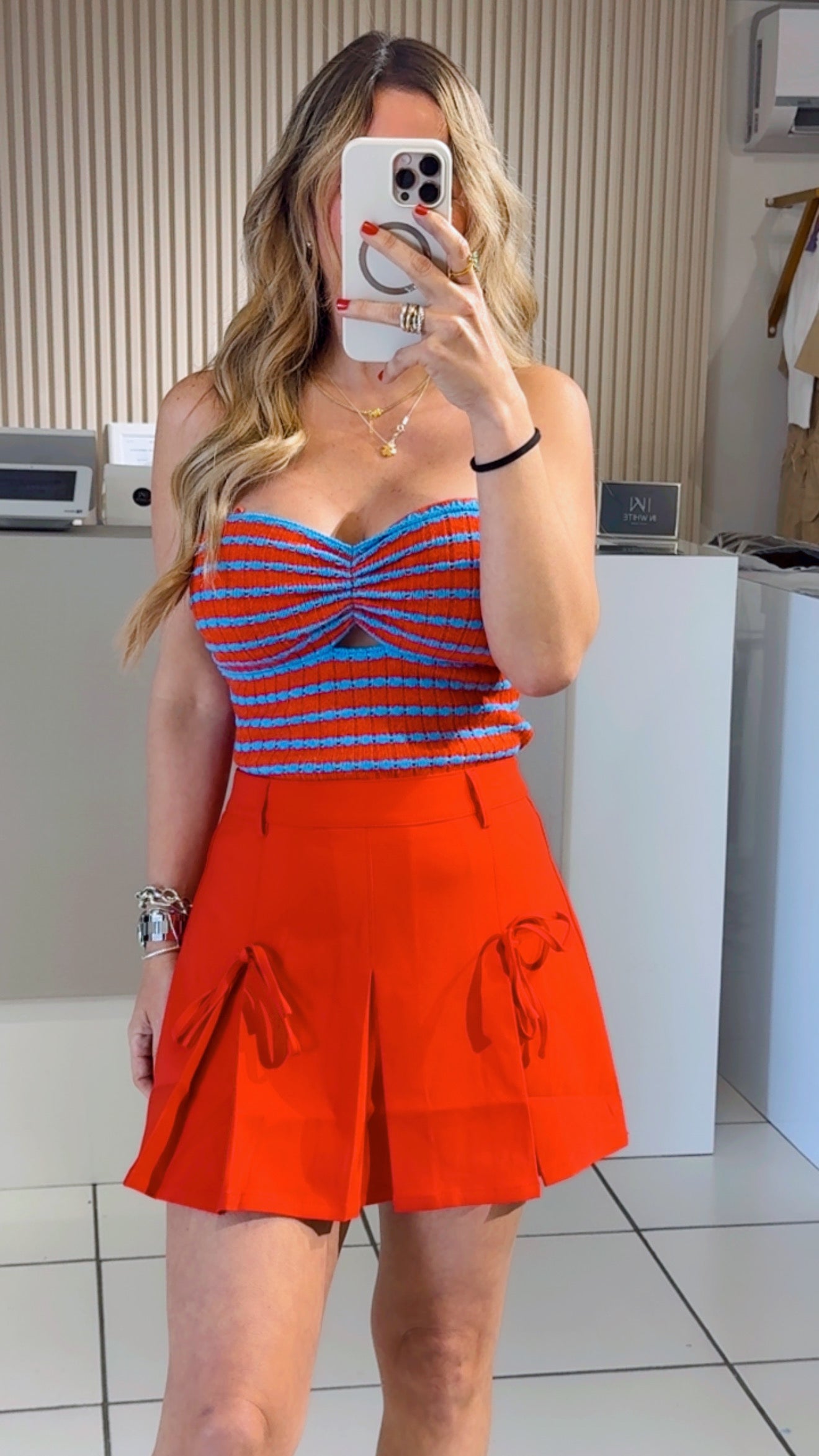 Red and Blue Strapless Top