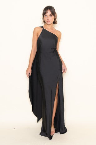 Asimetric black satin dress