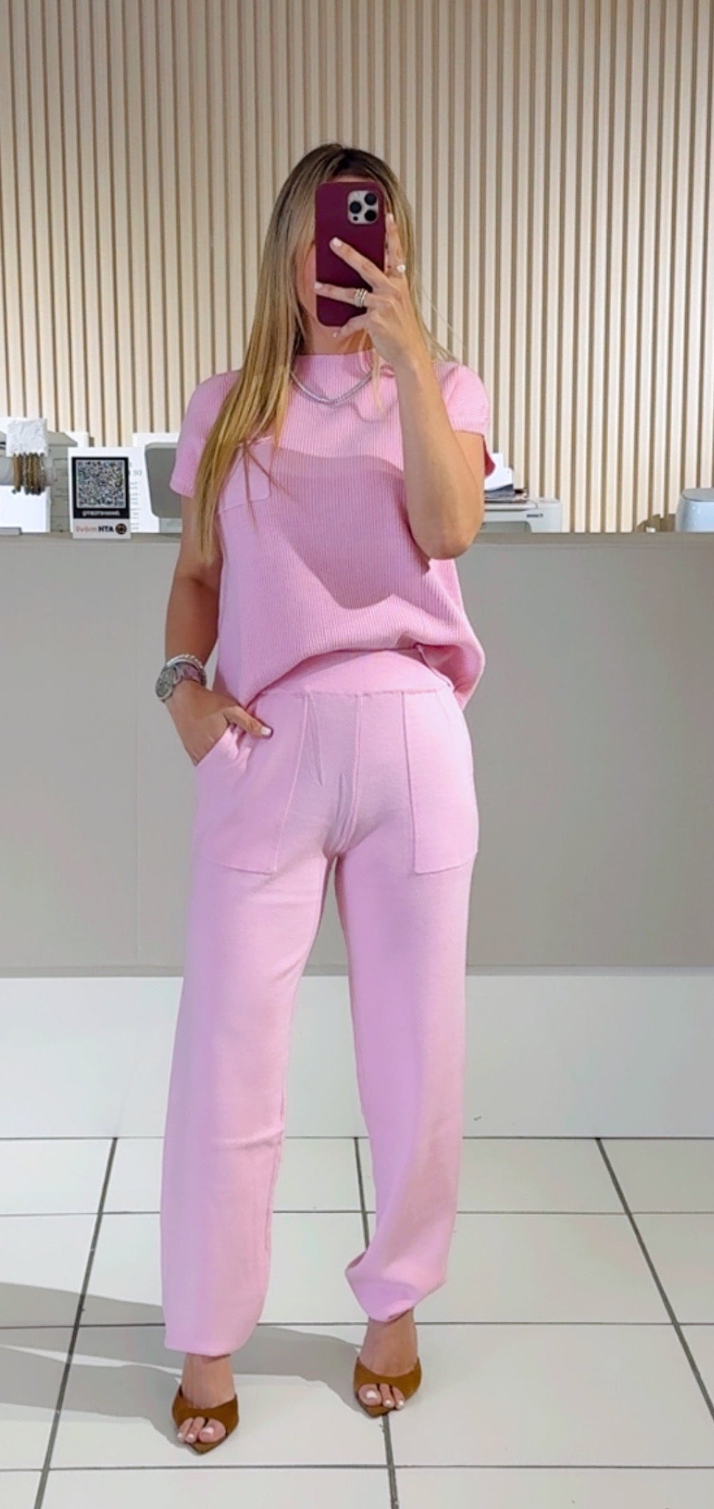 PINK Knit Short Sleeve Top and Jogger Pants Set