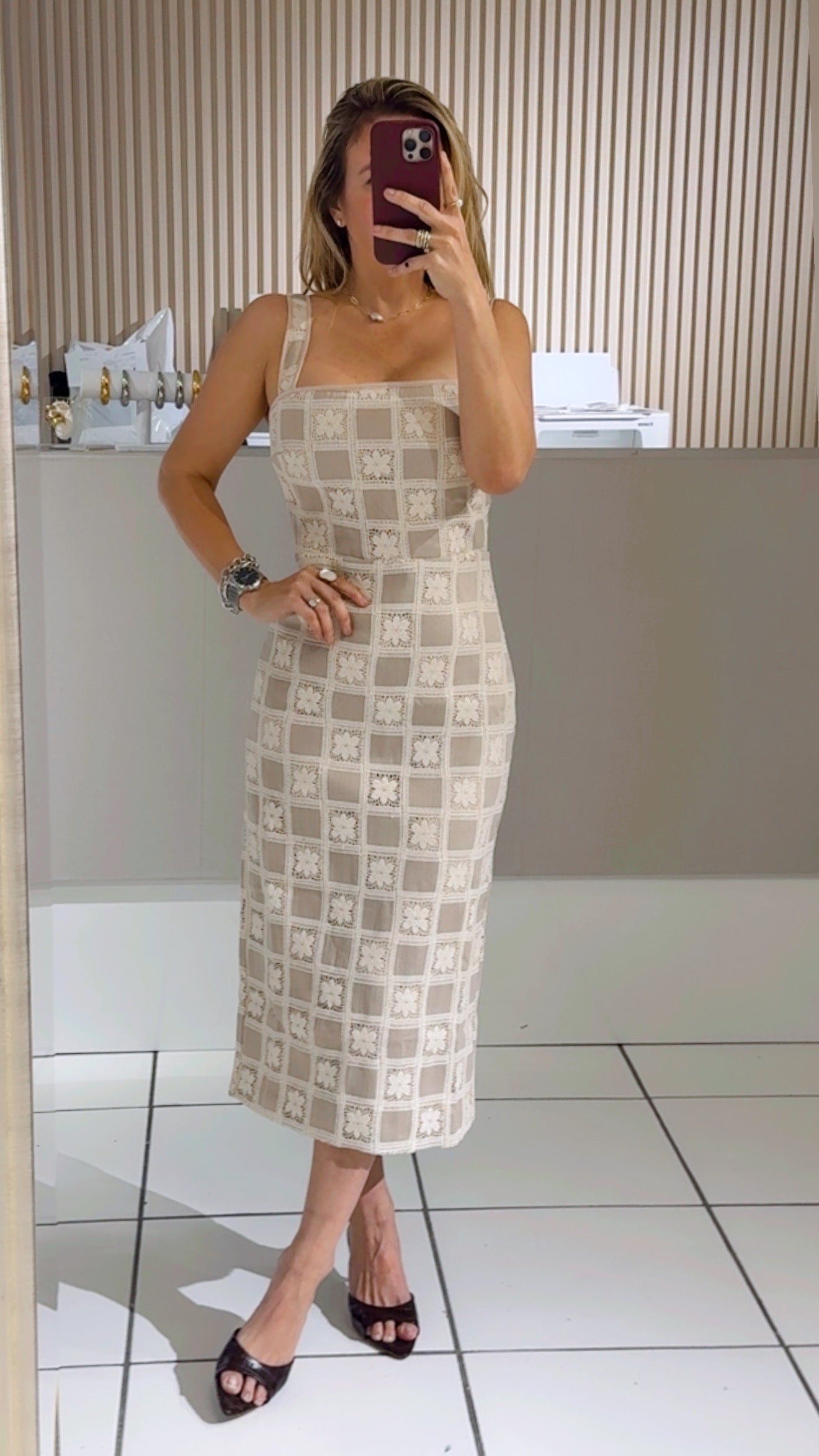 Crochet Checkerboard Midi Dress