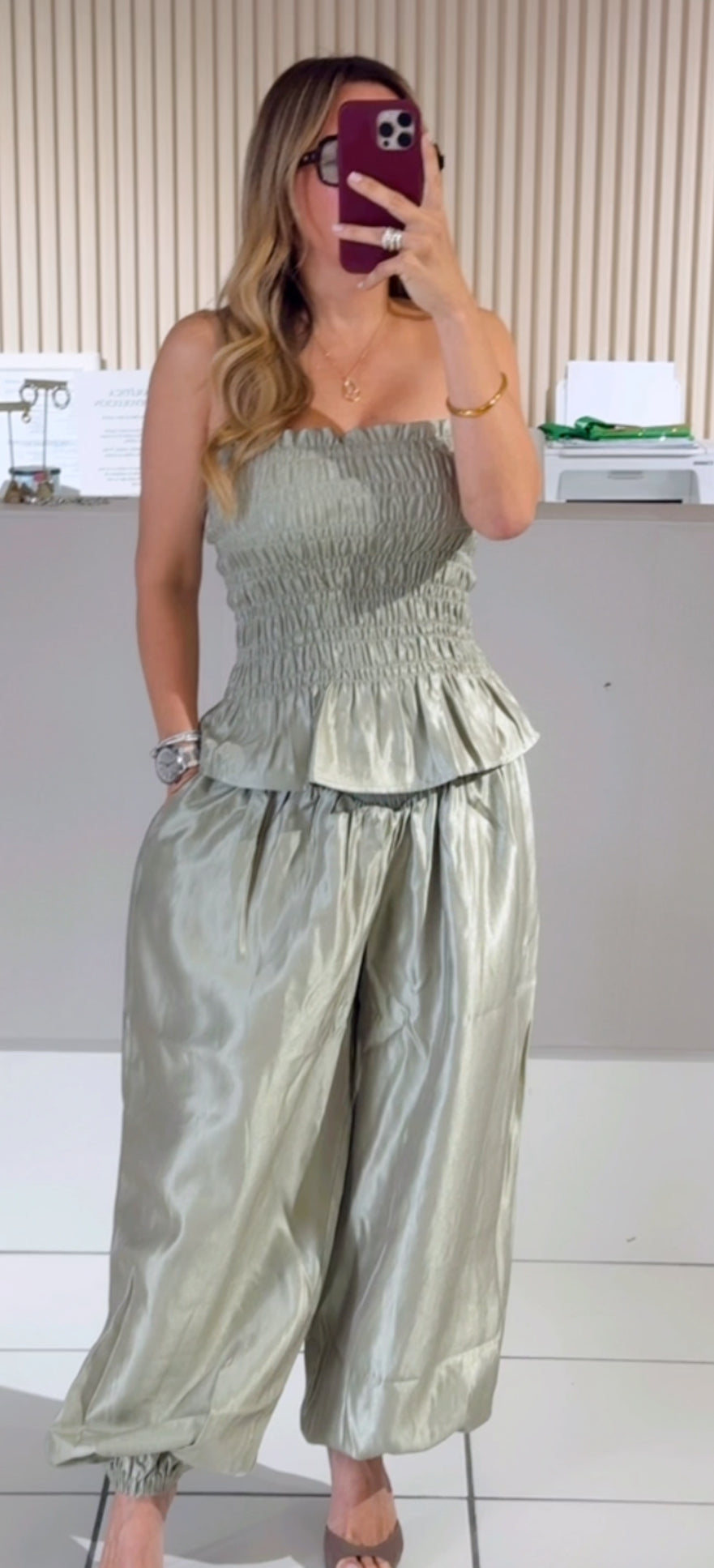 SAGE Strapless Smocking Peplum Top And Balloon Pants Set