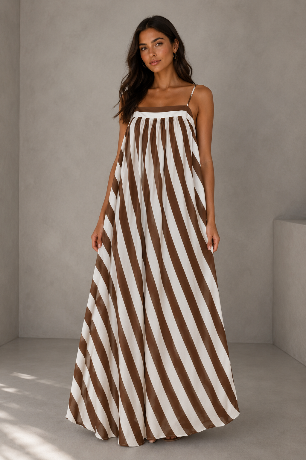 BROWN Stripe Adjustable Spaghetti Strap Maxi Dress
