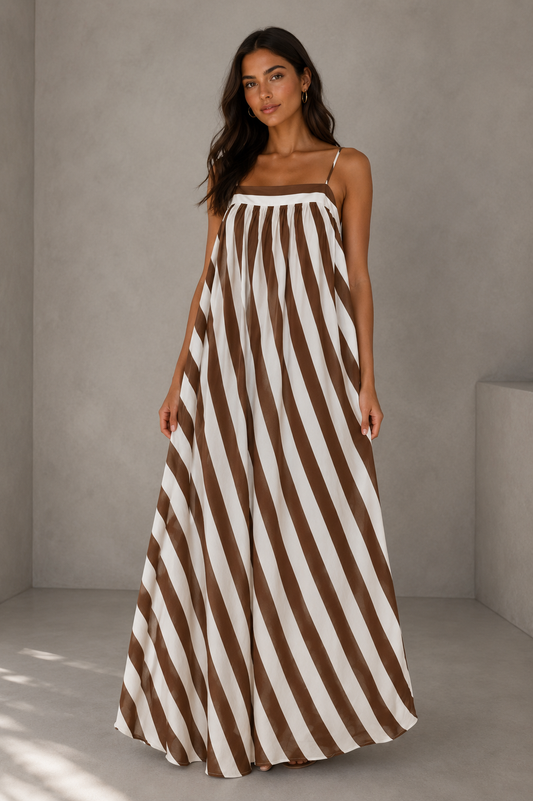 BROWN Stripe Adjustable Spaghetti Strap Maxi Dress