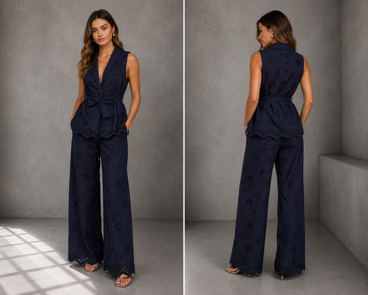NAVY SCALOPED FLORAL SET