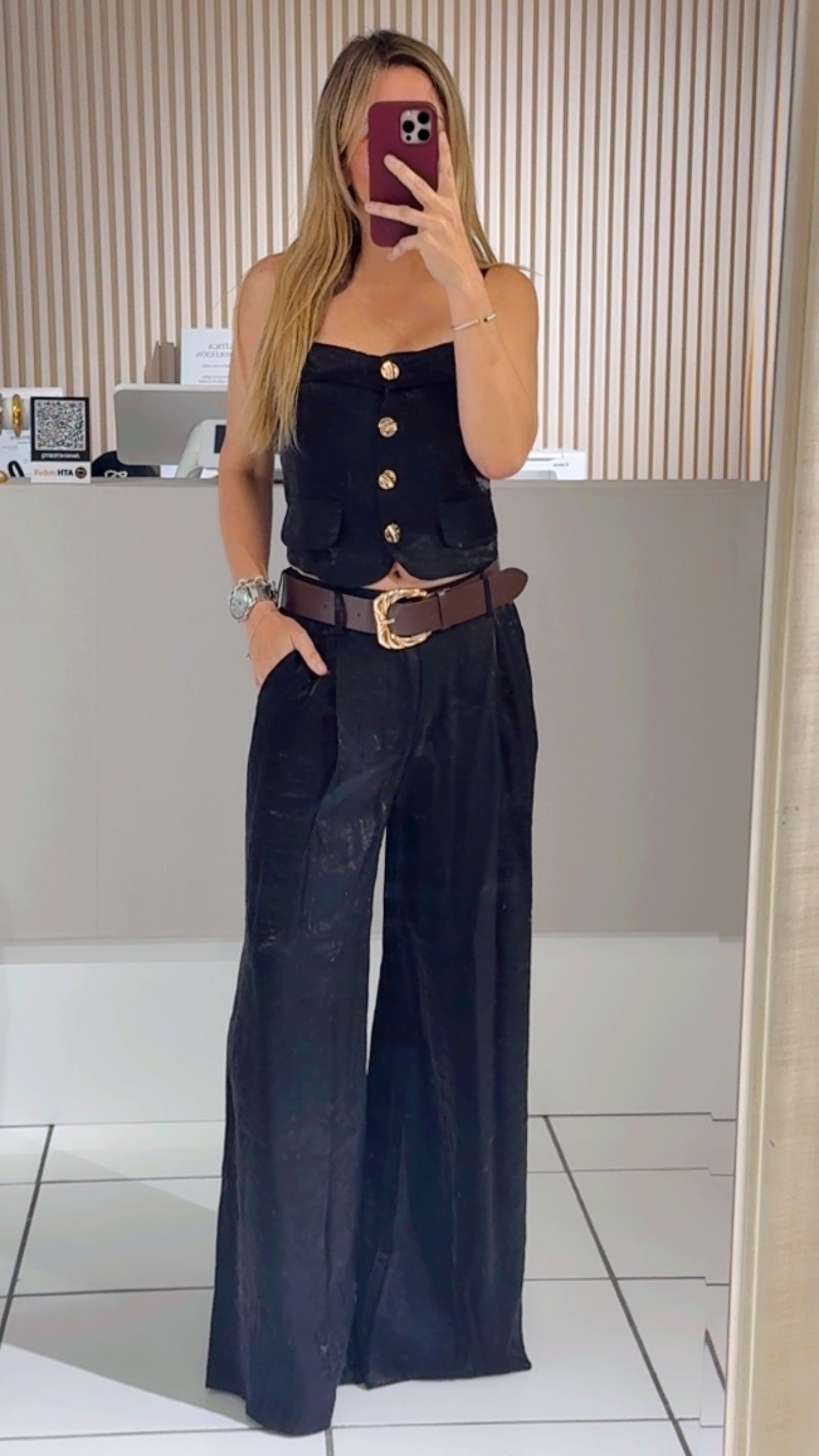 Chic Button-Front Black Set with Belt