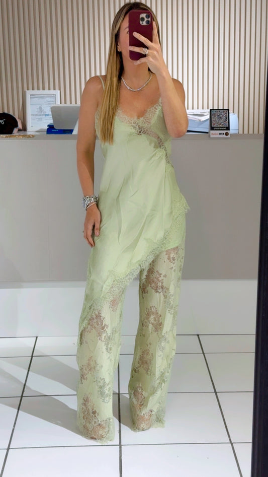 Sage Satin Camisole with Sheer Lace Pants