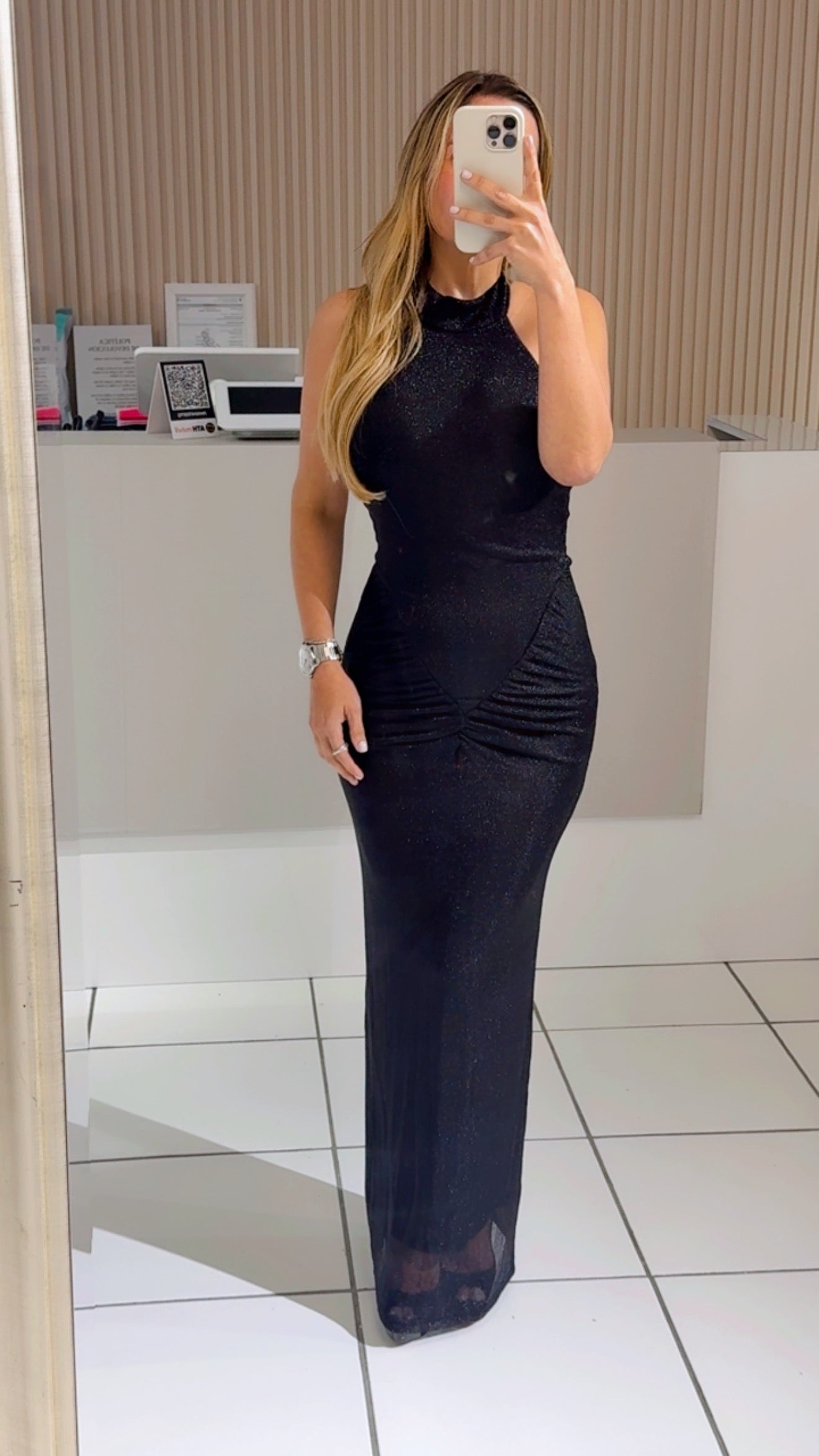 Halter metallic mesh black dress