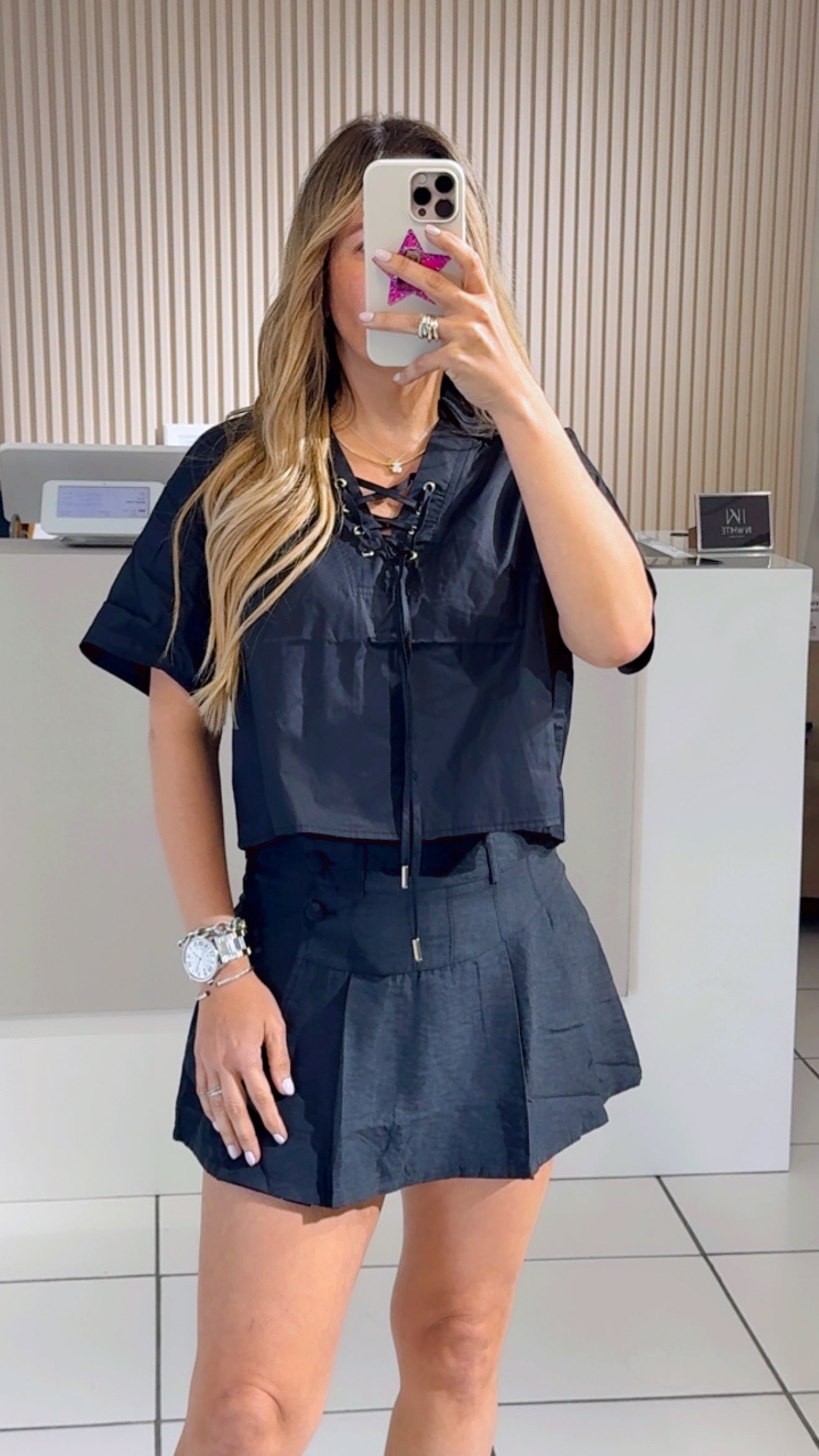 Lace-Up Poplin Black Top