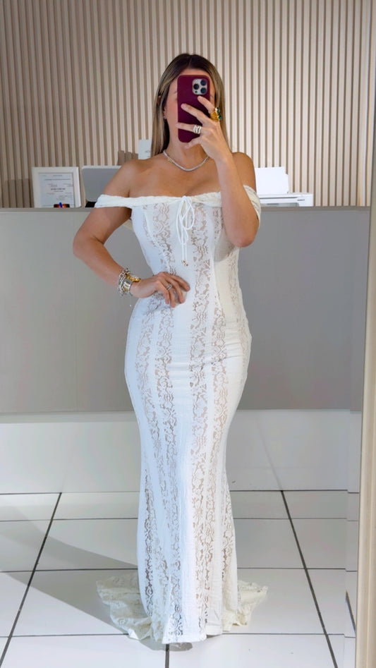 Ivory Lace Off-Shoulder Maxi Dress
