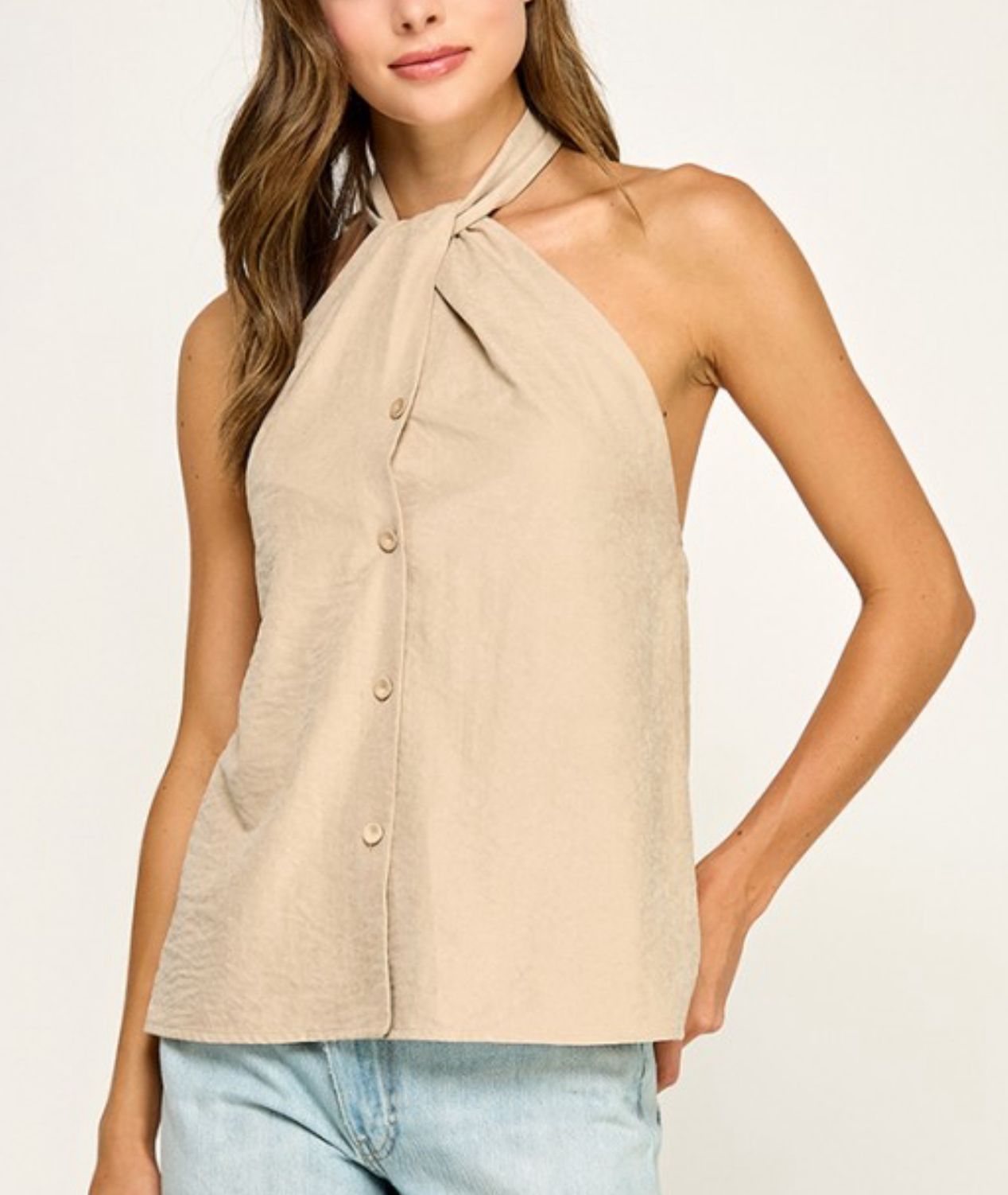 Taupe Backless Tie-Neck Halter Top