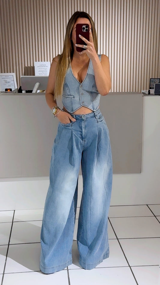 Light Blue High-Waist Pleated Denim Pants