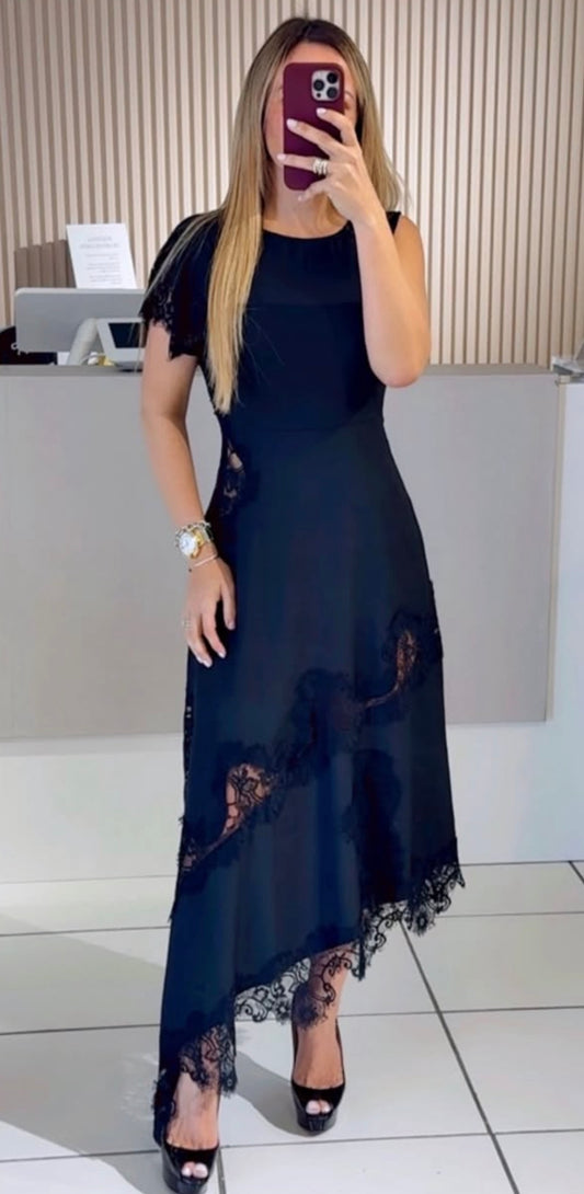Black Asymmetric Dress with Black Lace
