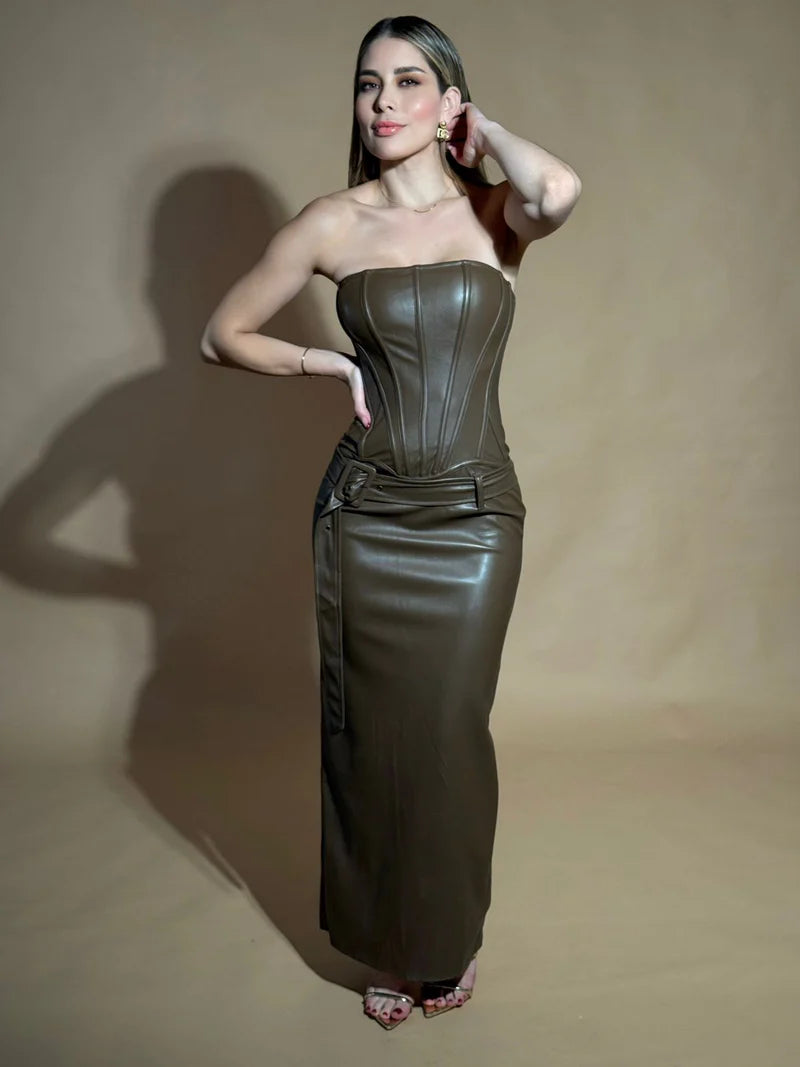 Leather chocolate dress