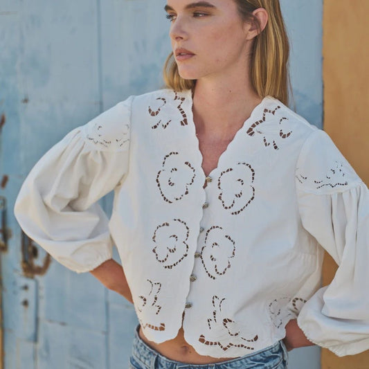 Puff-Sleeve Eyelet Top