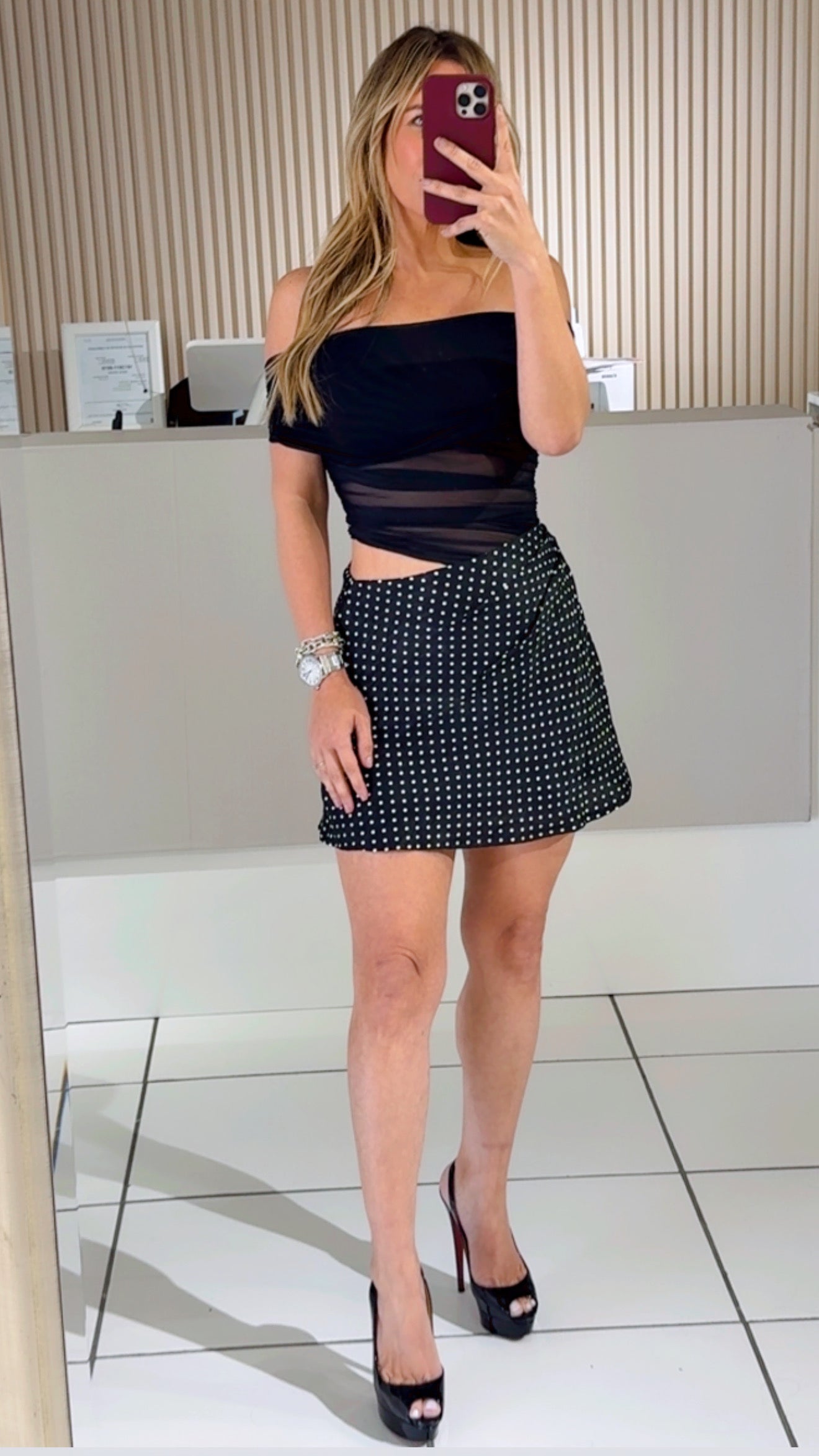 Black Textured Polka Dot Dress with Lateral Slit