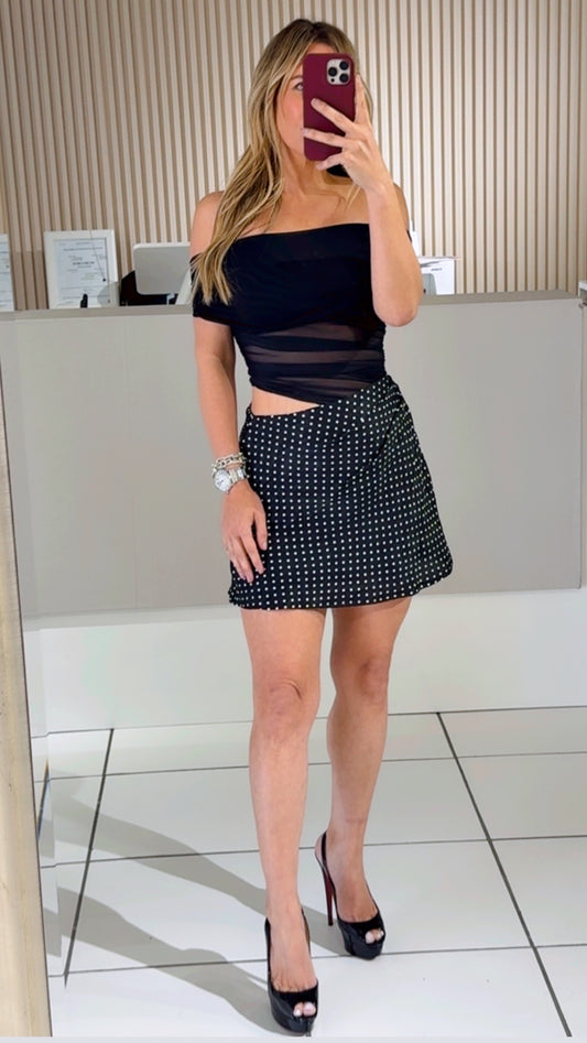 Black Textured Polka Dot Dress with Lateral Slit