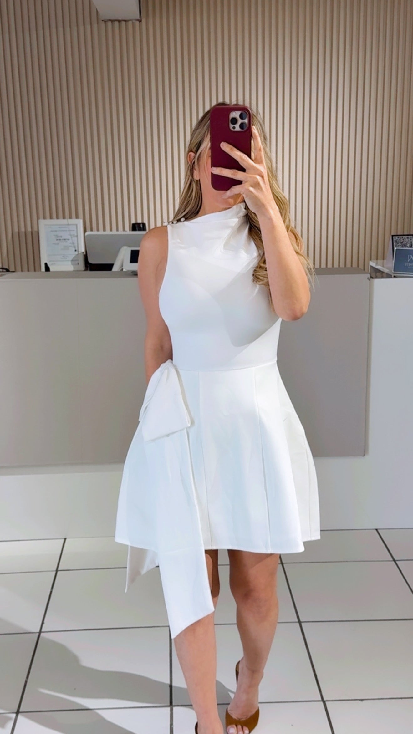 White High-Neck Bow Dress