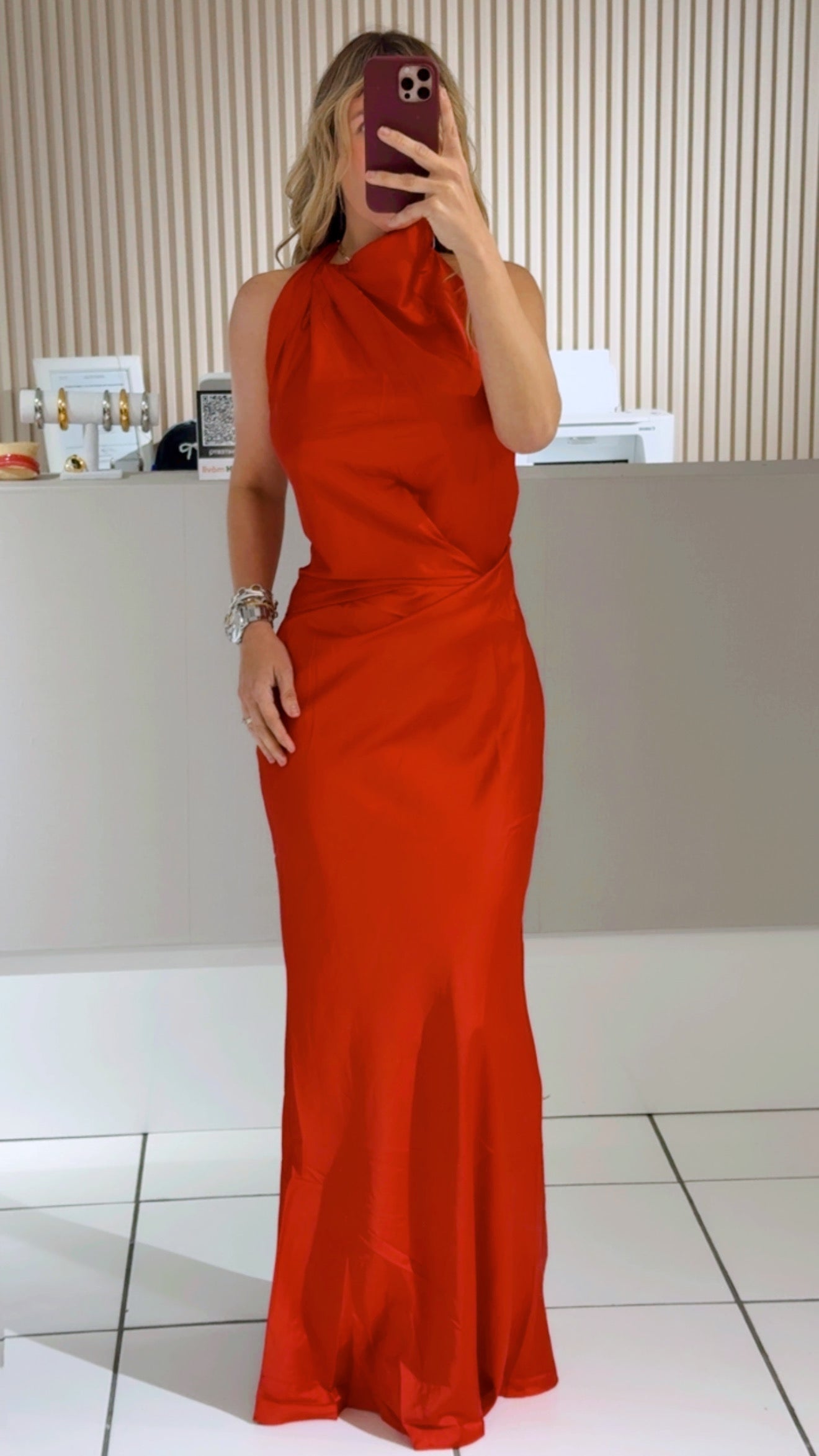 Red Sleeveless Satin Maxi Dress