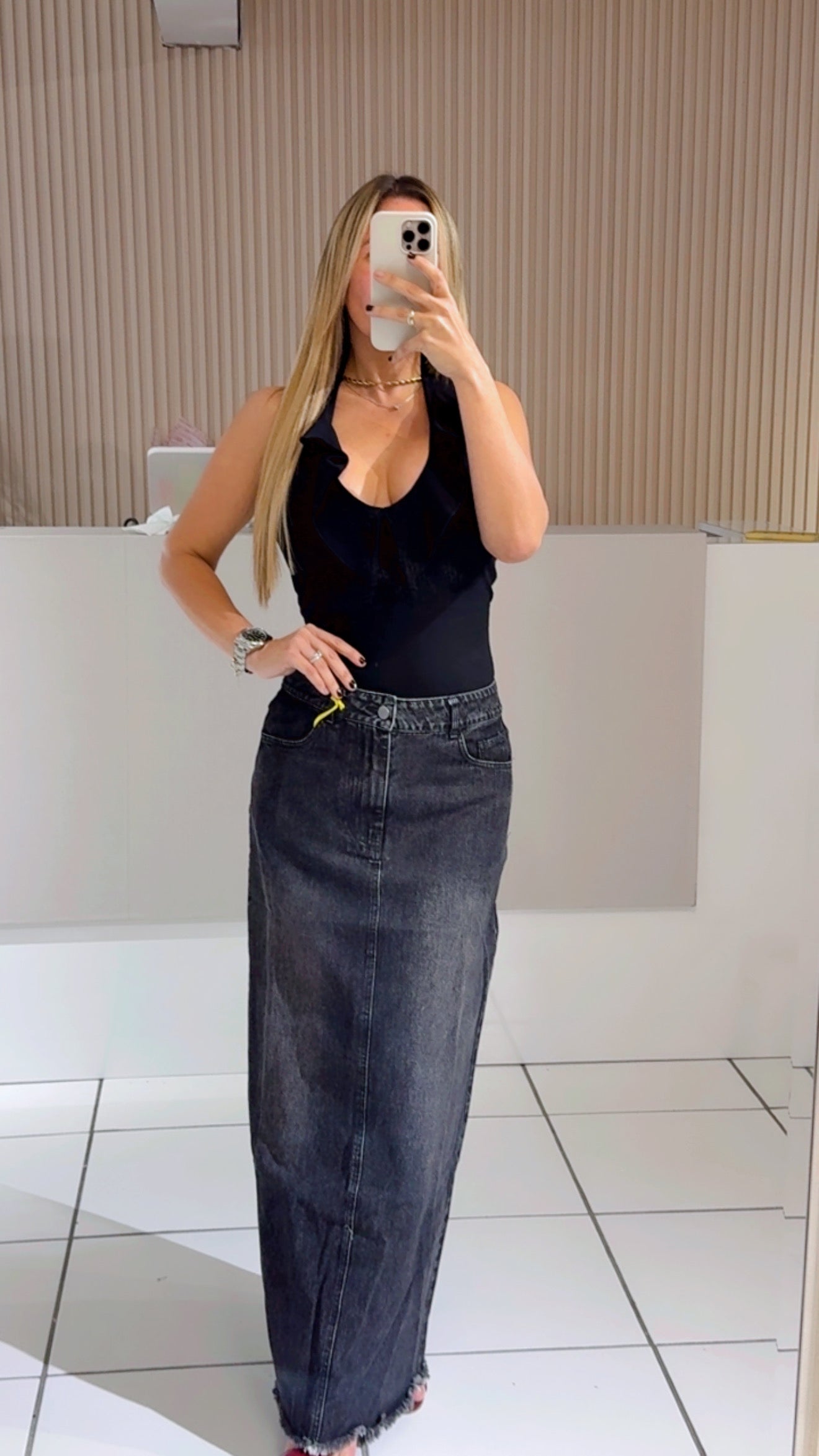 Aleix black denim midi skirt