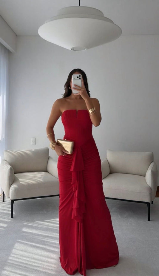 Red Strapless Cascade-Detail Dress