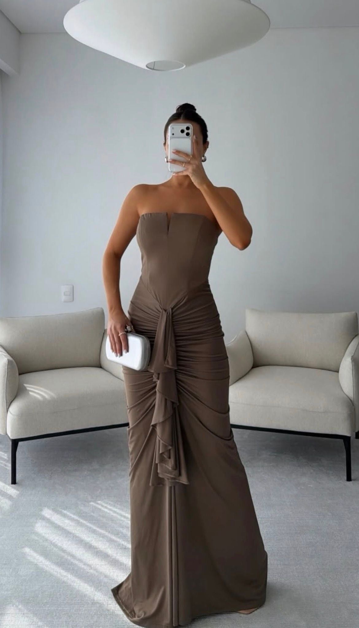 Light Brown Strapless Cascade-Detail Dress
