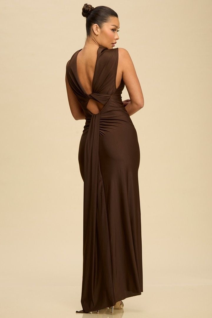 Brown High-Neck Maxi Dress