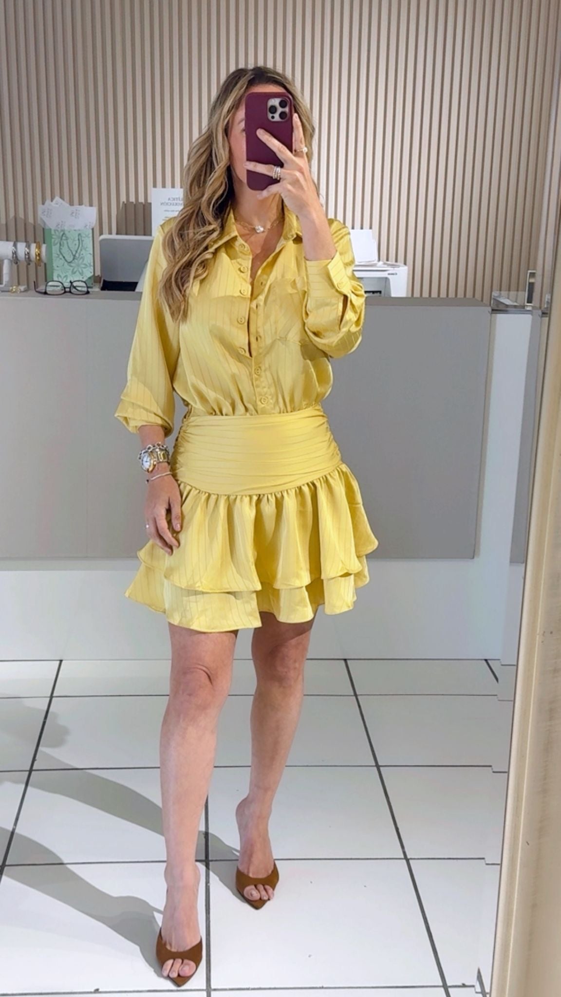 Golden Ruched Waist Dress