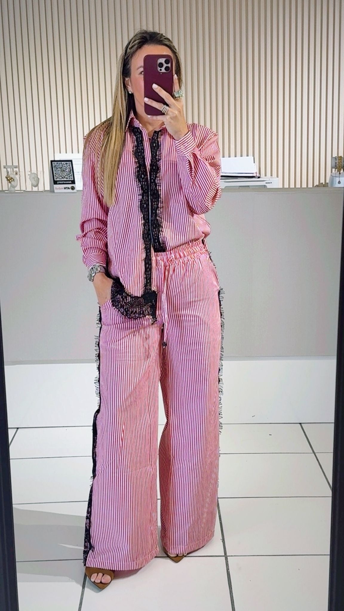 Red Lace-Detail Striped Two-Piece