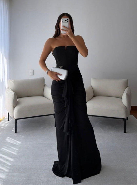 Black Strapless Cascade-Detail Dress